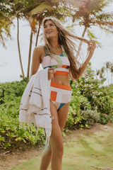 High-Waist Square Neck Multi-colored Pixel Colorblock Bikini Set