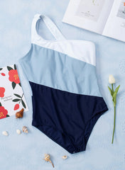 Blue Color Block Backless Tummy Control One Shoulder One Piece Swimsuit