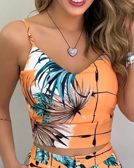 Tropical Print Spaghetti Strap Crop Top & Shorts Sets