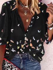 Plus Size Top Fashion Long Sleeve Lapel Shirt Butterfly Print Shirt