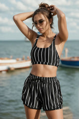 Black Striped Adjustable Straps Chic Bikini Top with Boy Short Set