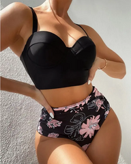 Square NeckSexy Marble Print High Waist Halter Bikini Set