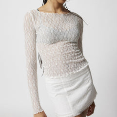 Wavy Edge Slightly See-Through Short Slim Fit Sexy See-Through Lace Mesh T-Shirt