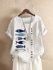 BUTTON CARTOON FISH PRINT SHORT SLEEVE CASUAL TSHIRT