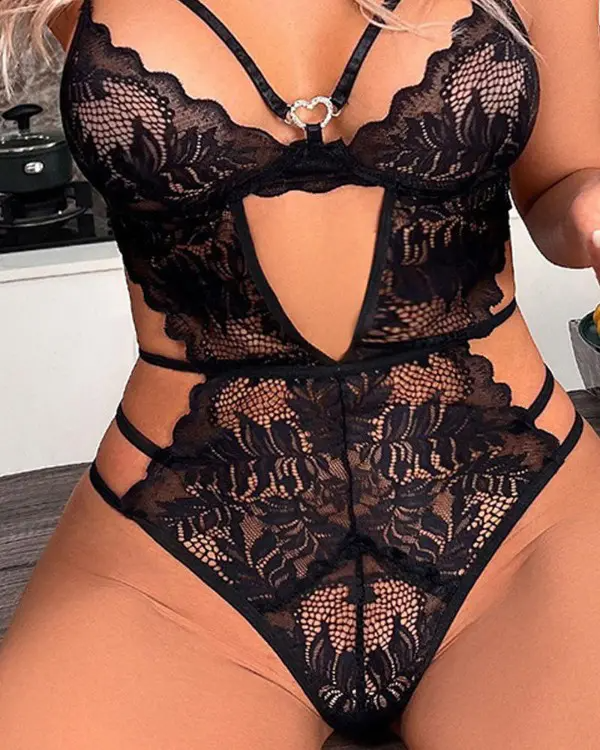 Spaghetti Strap Cutout Backless Lace Teddy