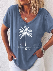 Live Simple Coconut Tree Casual Cotton V Neck Short Sleeve Shirt