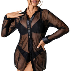 Sexy Long Cardigan Black Gauze Transparent Sexy Pajamas