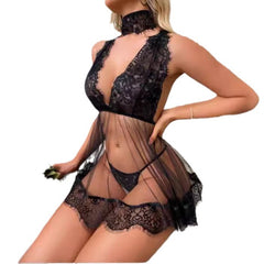 V-Neck See-Through Mesh Temptation Steel Support Cup Hollow Suspenders Sexy Lingerie