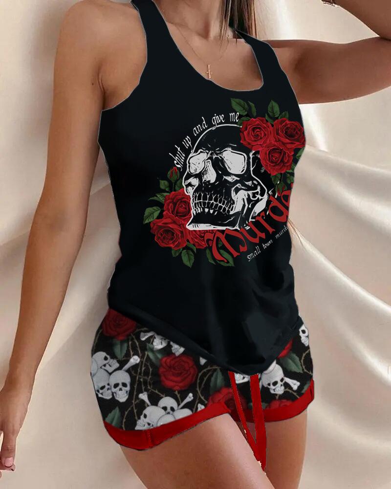 Halloween Racerback Print Tank Top and Drawstring Waist Shorts Set