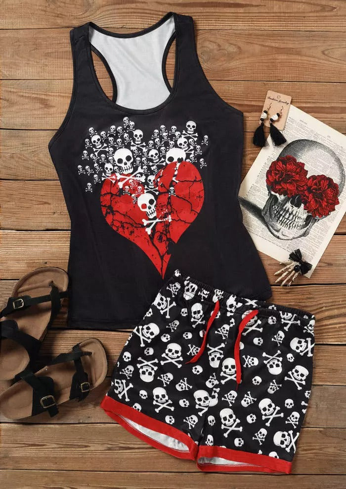 Heart Skull Print Drawstring Pajamas Set