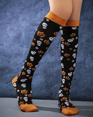 1Pair Halloween Pumpkin Skull Pattern Over The Knee Compression Socks