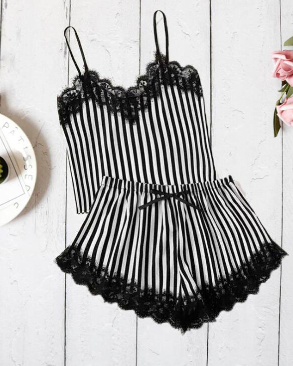 Stripe Suit Splicing Camisole Shorts Pajamas Set