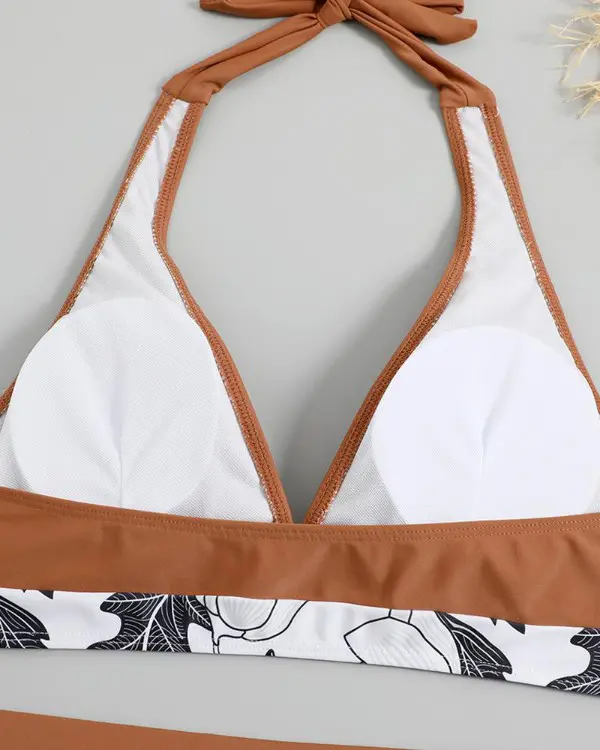V-neck Plants Print High Waist Halter Bikini Set