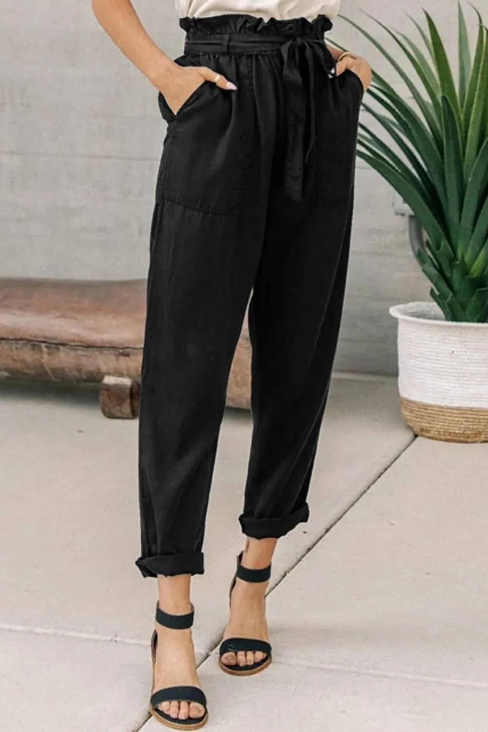 Gray Paper Bag Elastic Waist Casual Pants