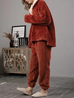 Women Fluffy Plush Thicken Lapel High Low Hem Loungewear Warm Pajamas Set