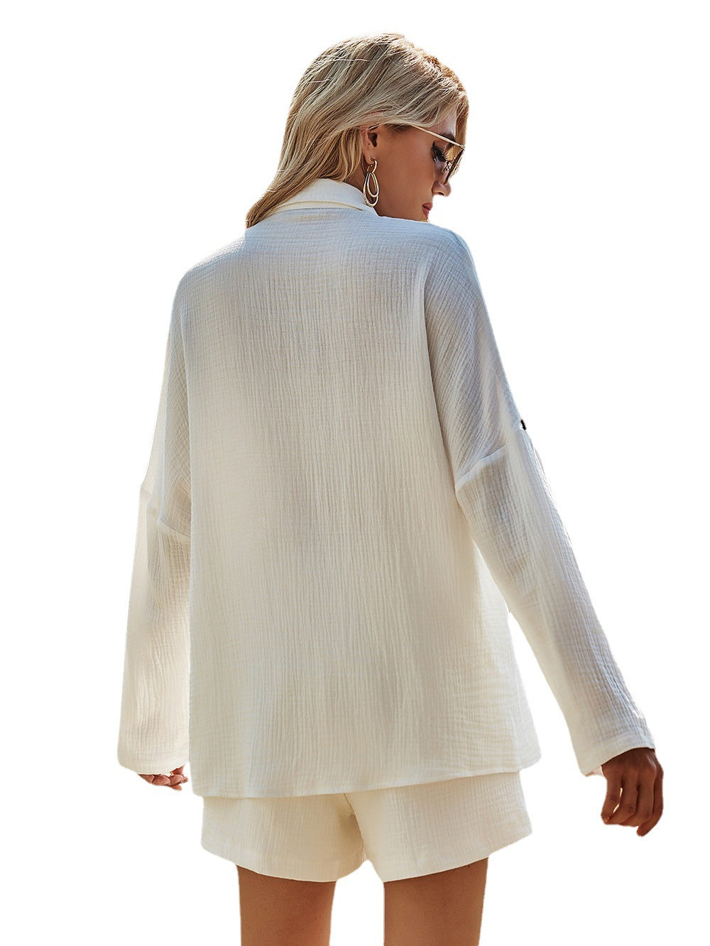 Long Sleeve Shirt Top Cotton And Linen Shorts Set