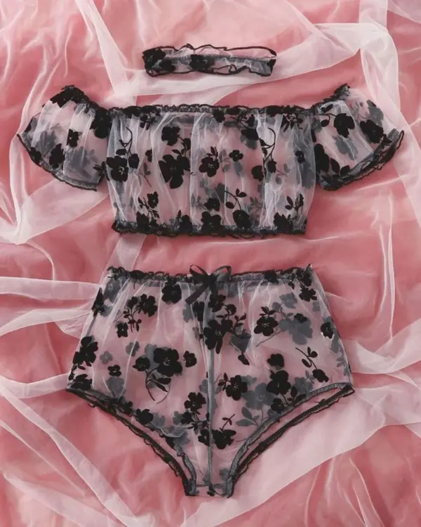 Floral Flocked Sheer Mesh Lingerie Set