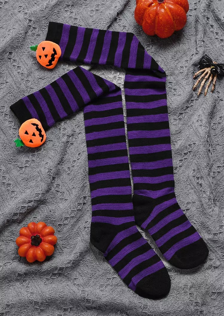 Halloween Pumpkin Face Striped Over Knee Long Socks