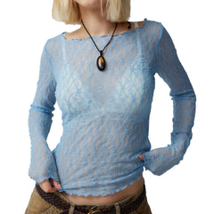 Wavy Edge Slightly See-Through Short Slim Fit Sexy See-Through Lace Mesh T-Shirt