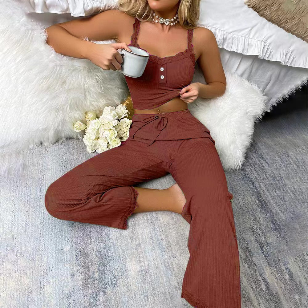 Rib Strip Casual Wearable Homewear Lace Suspenders Trousers Pajamas Set