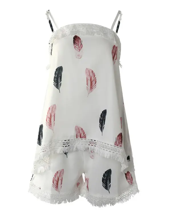 Feather Print Tassel Trim Cami Top & Shorts Set