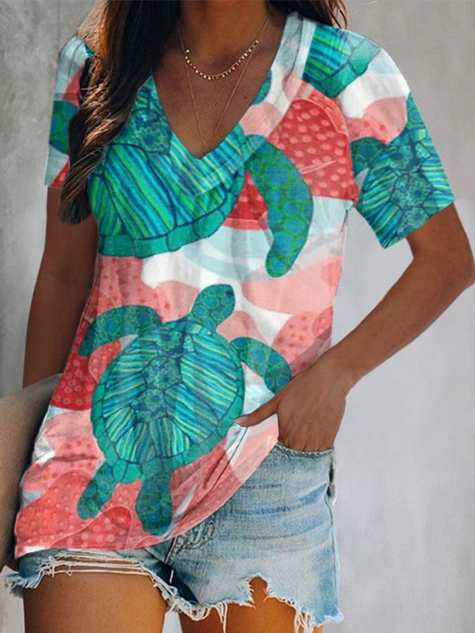 Vacation Turtle Print Double Collar Short-Sleeved T-Shirt