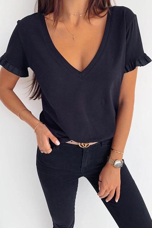 V-Neck Ruffled Short Sleeve T-Shirt