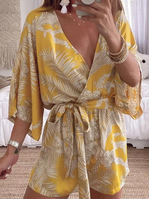 Casual Leaves Print V-Neck Loose Fit Romper With Belt