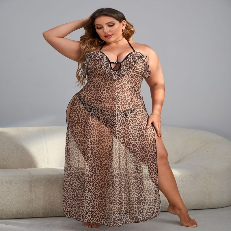 Plus Size Sexy Pajamas Leopard Print Nightgown Suspender See-through Long Skirt