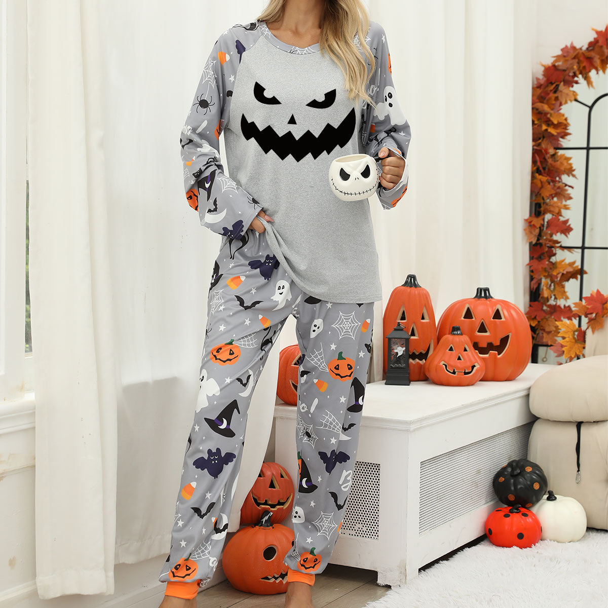 Halloween Women's Printed Autumn And Winter Long-Sleeved Trousers Home Wear Suit