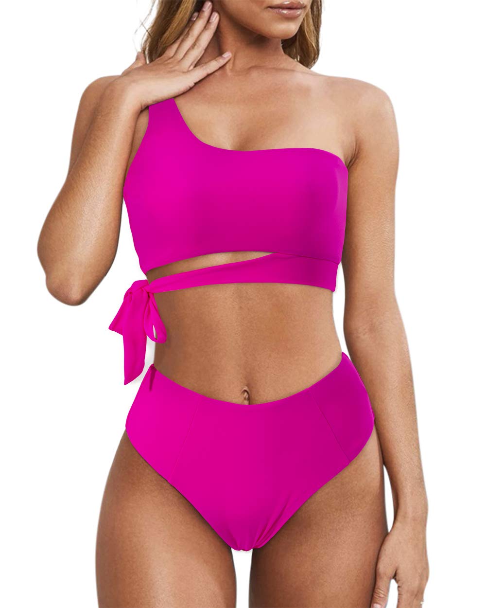 One Shoulder High Waisted Bikini Tie High Cut Two Piece Swimsuits