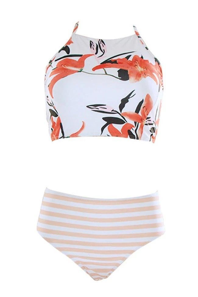 High-Waist Colorful Floral Printed String Bikini Set
