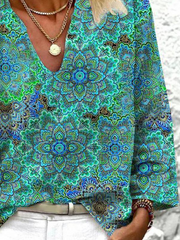 Boho Style Floral V Neck Long Sleeve Casual Shirts