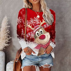 Red Printed Round Neck Christmas Long Sleeve Top