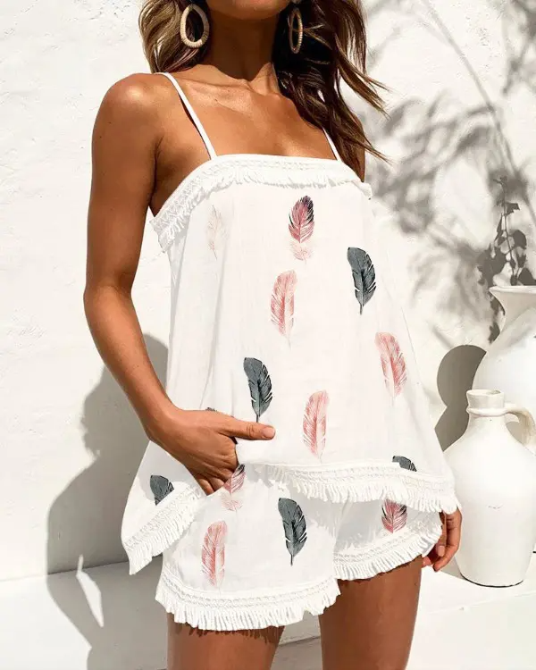Feather Print Tassel Trim Cami Top & Shorts Set