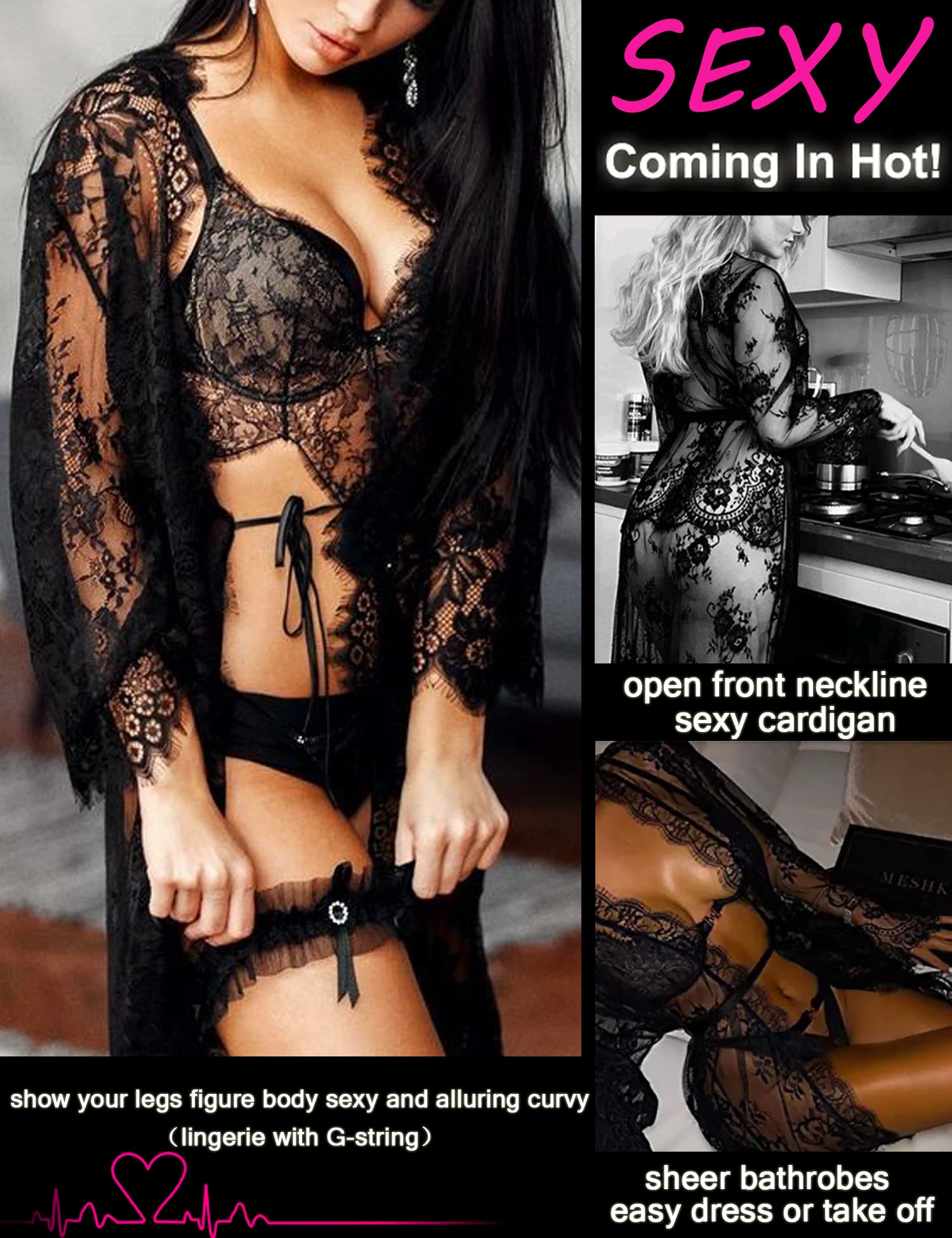 Lace Kimono Robe Babydoll Lingerie Mesh Nightgown S-5XL