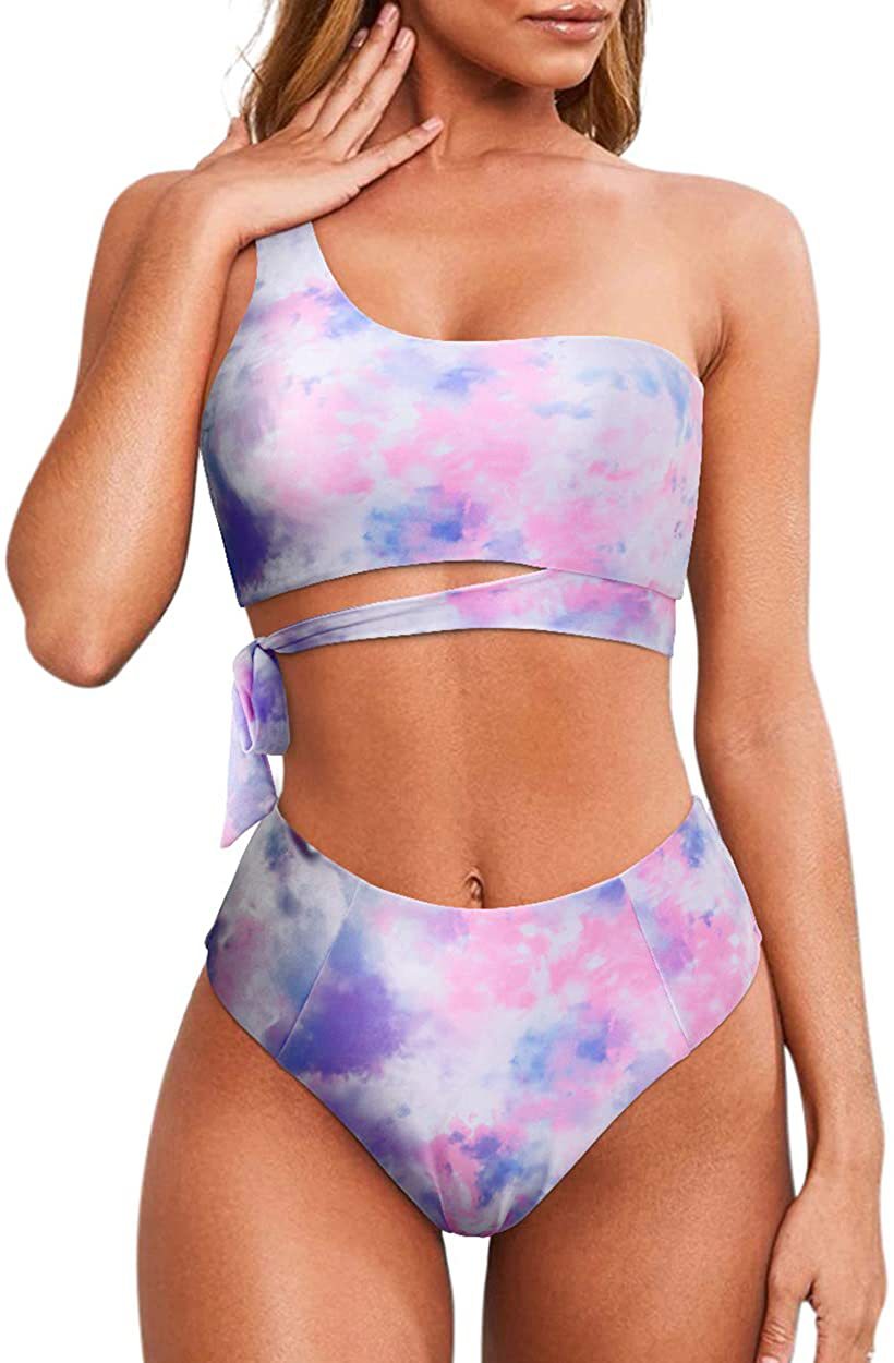One Shoulder High Waisted Bikini Tie High Cut Two Piece Swimsuits