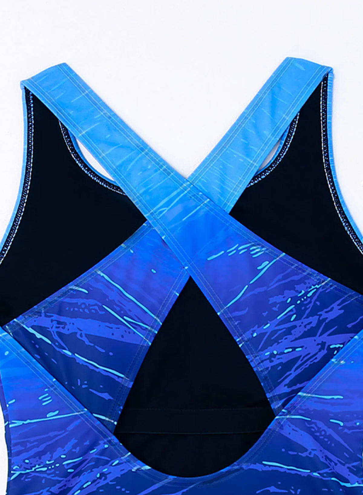 Blue Gradient Print Backless Slim Conservative Round Neck One Piece Swimsuit