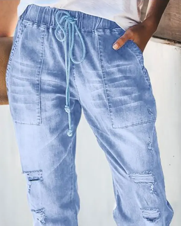 Drawstring Ripped Pocket Design Jeans