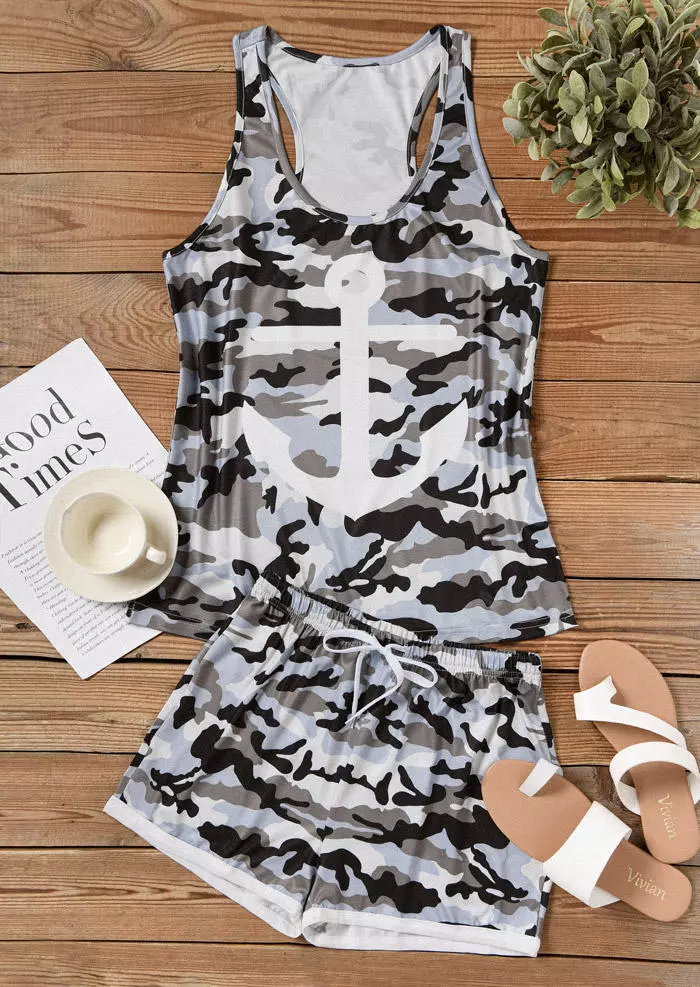 Anchor Camouflage Tank And Drawstring Shorts Pajamas Set