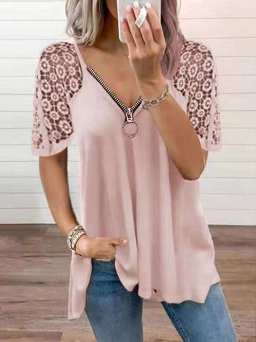 Casual Lace Patchwork V-neck Hollow Out T-Shirts