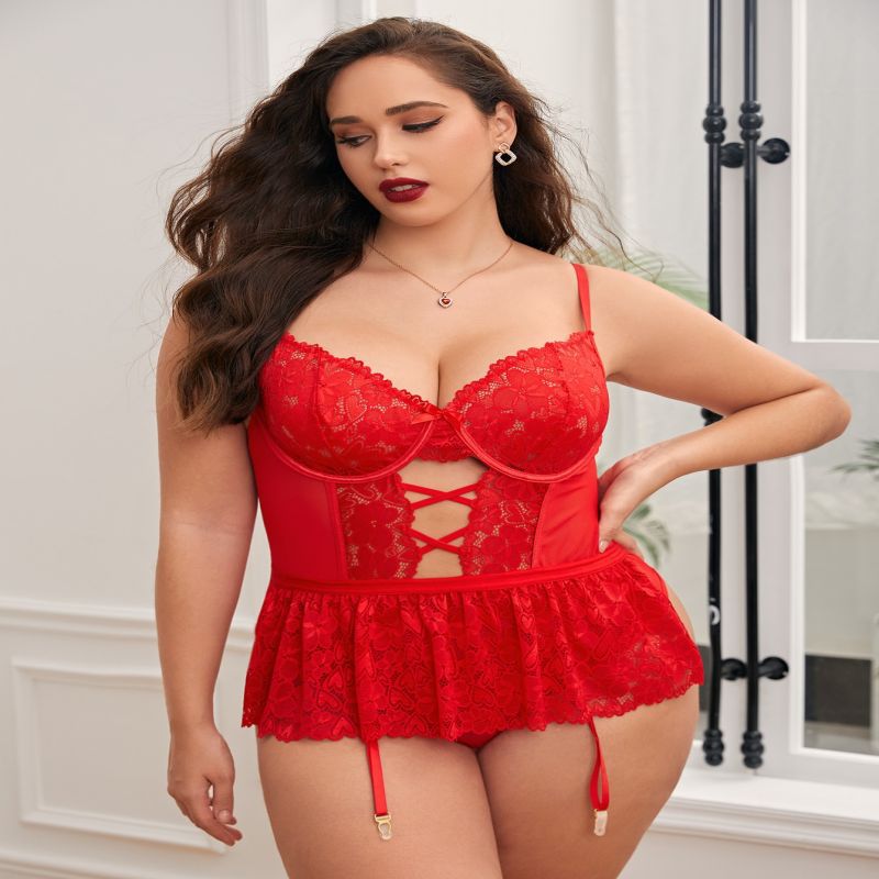 Plus Size Sexy Lingerie Lace Sexy Jumpsuit Red Garter Nightgown Pajamas