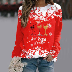 Three Red Wine Glasses Round Neck Raglan Sleeve Sweatshirt Christmas Print Long Sleeve Top