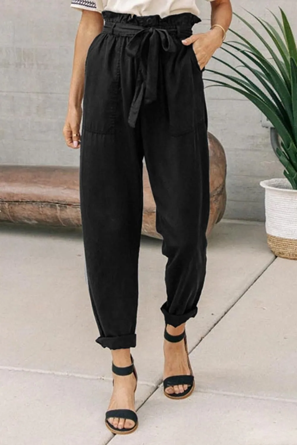 Gray Paper Bag Elastic Waist Casual Pants