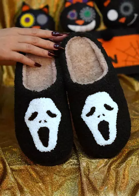 Halloween Ghost Face Plush Flat Slippers - Black