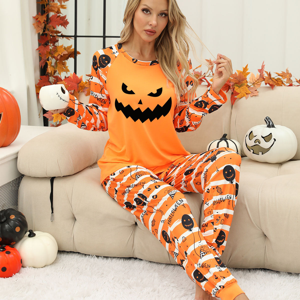 Halloween Women's Printed Autumn And Winter Long-Sleeved Trousers Home Wear Suit