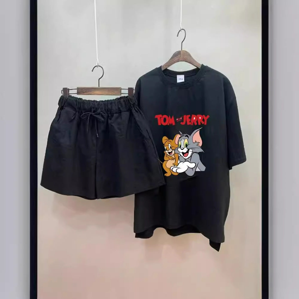 Round Neck Loose Fashion Short Sleeve Shorts Two Piece Suit