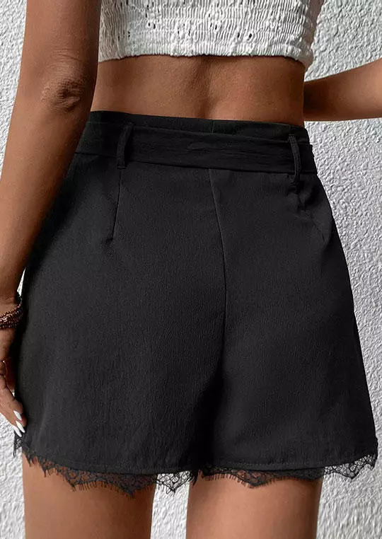 Lace Splicing Zipper Shorts with Belt - Black
