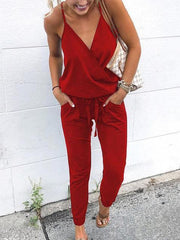 Casual Solid Color V-Neck Lace-Up Jumpsuit