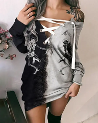 Halloween Graphic Print Eyelet Lace-up Sweatshirt Dress